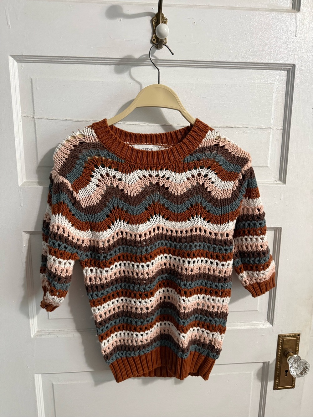 Evereve Crochet Wave Knit Sweater | Boho Neutral Stripe Pullover